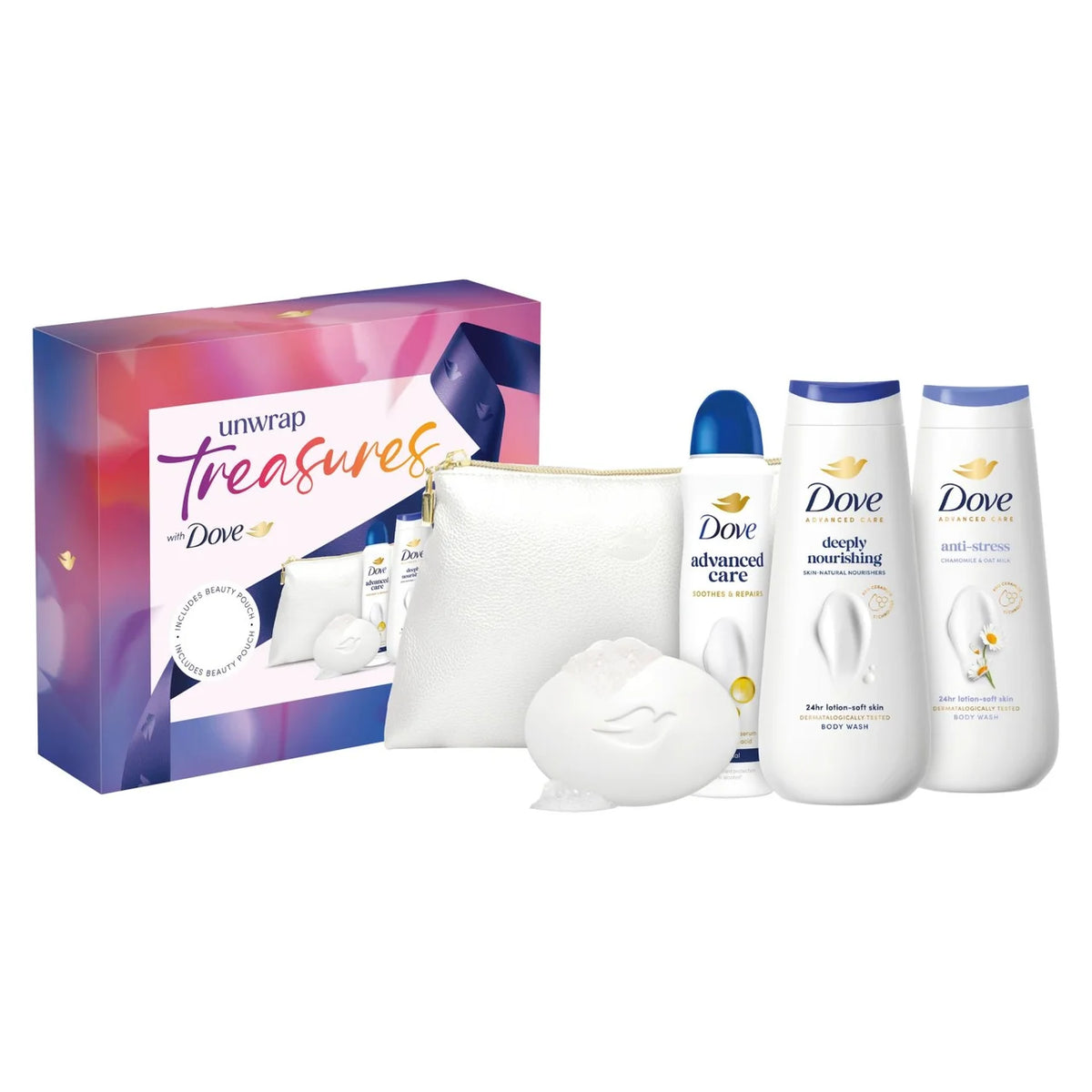 Dove Unwrap Treasures Bath & Body Gift Set with four toiletries and beauty pouch