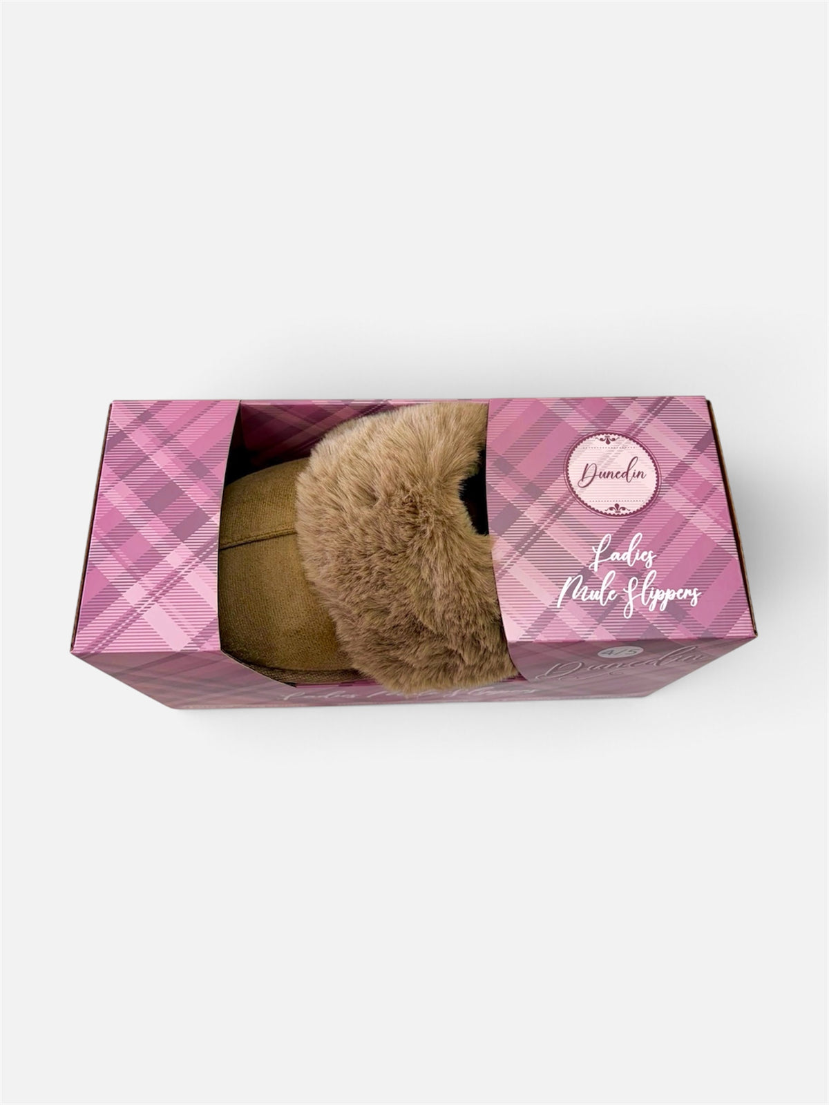Dunedin Beige Mule Slippers size 4/5 viewed from above showing plush beige trim and pink tartan gift box