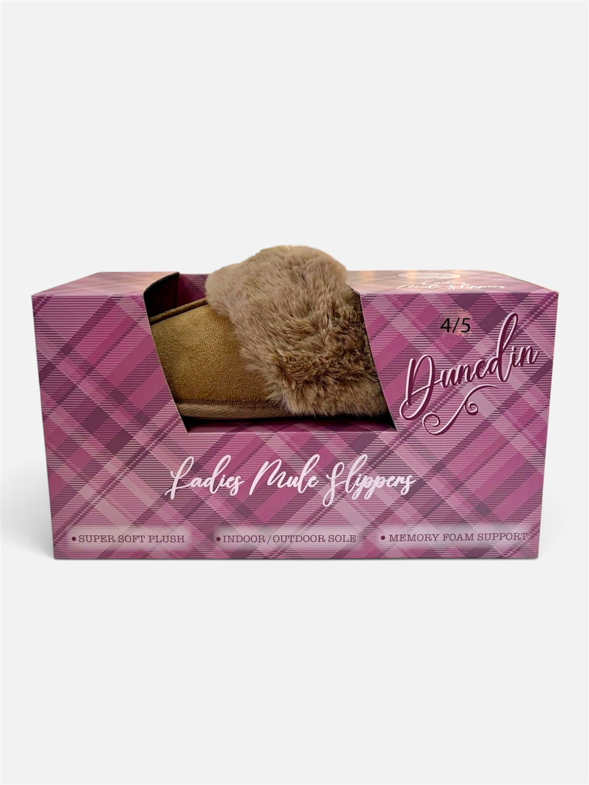 Dunedin Women's Beige Mule Slippers size 4/5 with fluffy trim displayed in pink checked presentation packaging