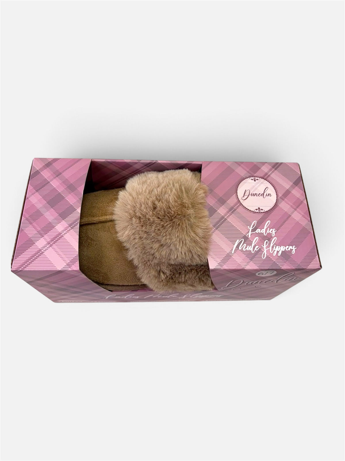 Dunedin Beige Mule Slippers size 6/7 viewed from above showing plush trim and checked gift packaging