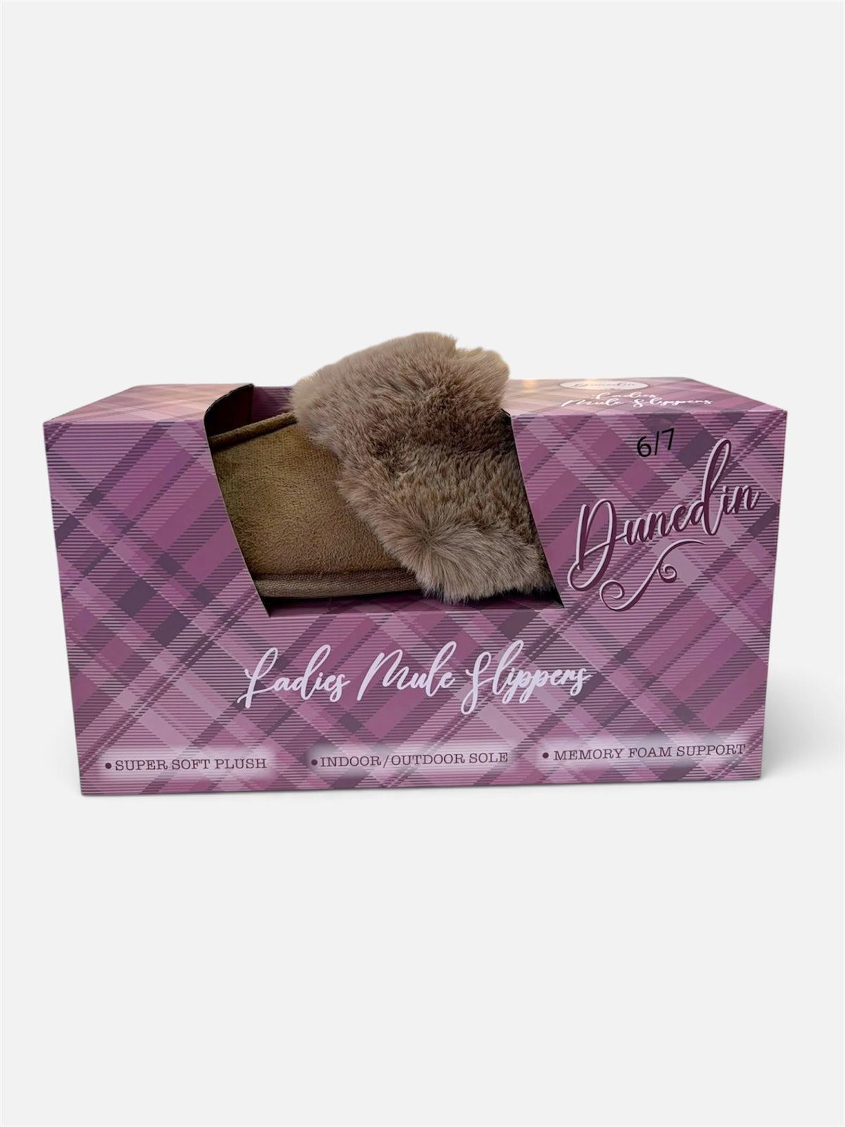 Dunedin Women's Beige Mule Slippers size 6/7 with fluffy beige trim displayed in pink checked presentation box