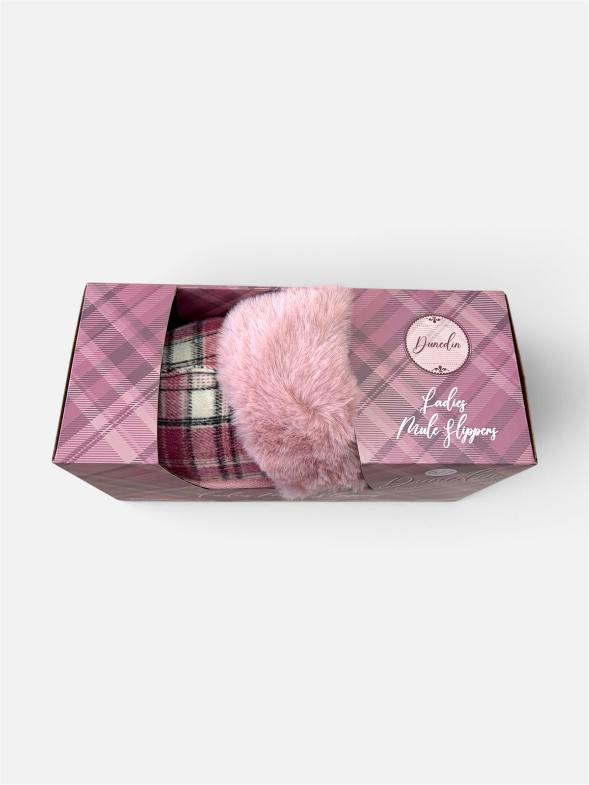 Dunedin Ladies Pink Mule Slippers in checked packaging viewed from above showing plush pink detailing