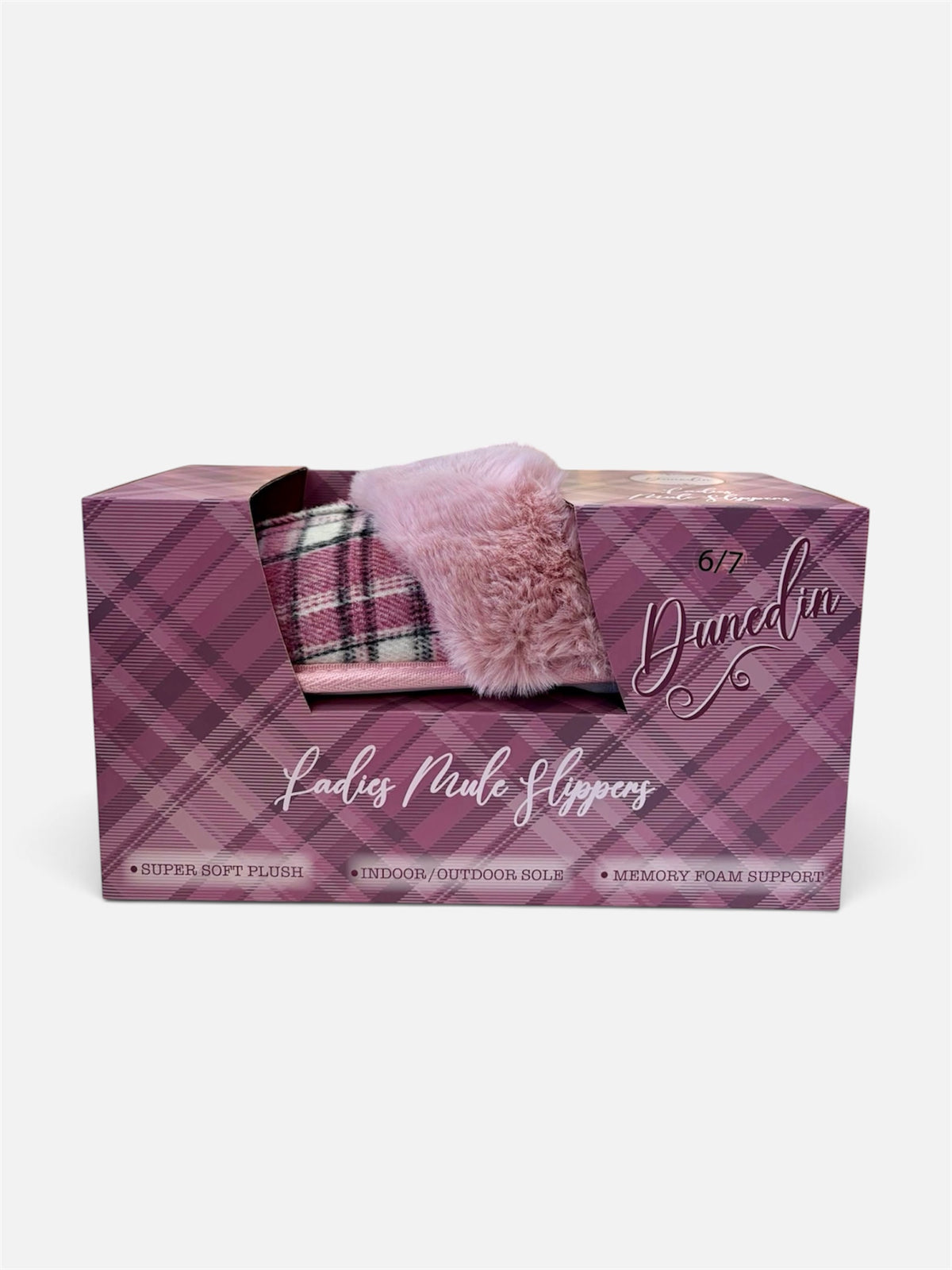 Dunedin Women's Pink Checked Mule Slippers size 6/7 with fluffy pink trim in purple tartan presentation box