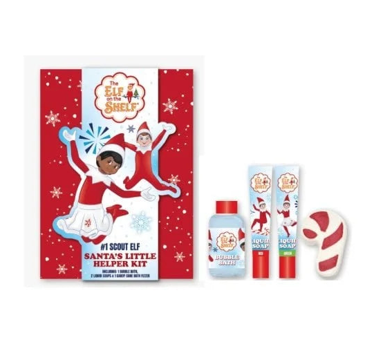 The Elf on the Shelf Santa's Little Helper Bath Gift Set with bubble bath, two liquid soaps and candy cane bath fizzer in red Christmas packaging