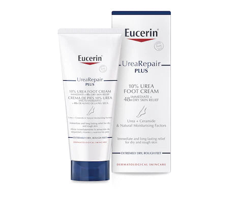 Eucerin UreaRepair Plus 10% Urea Foot Cream 100ml tube on white marble — intensive moisturiser for very dry feet.