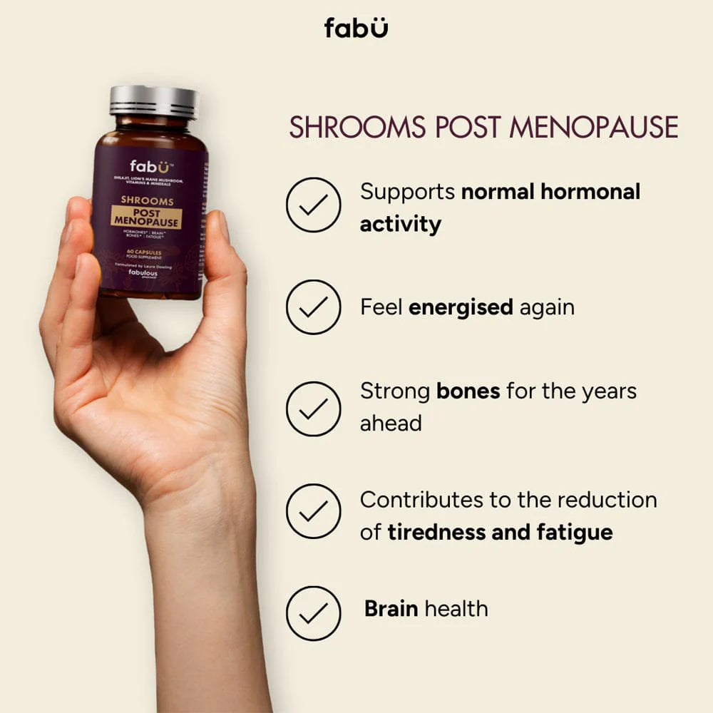 Fabu Shrooms Post Menopause supplement benefits graphic
