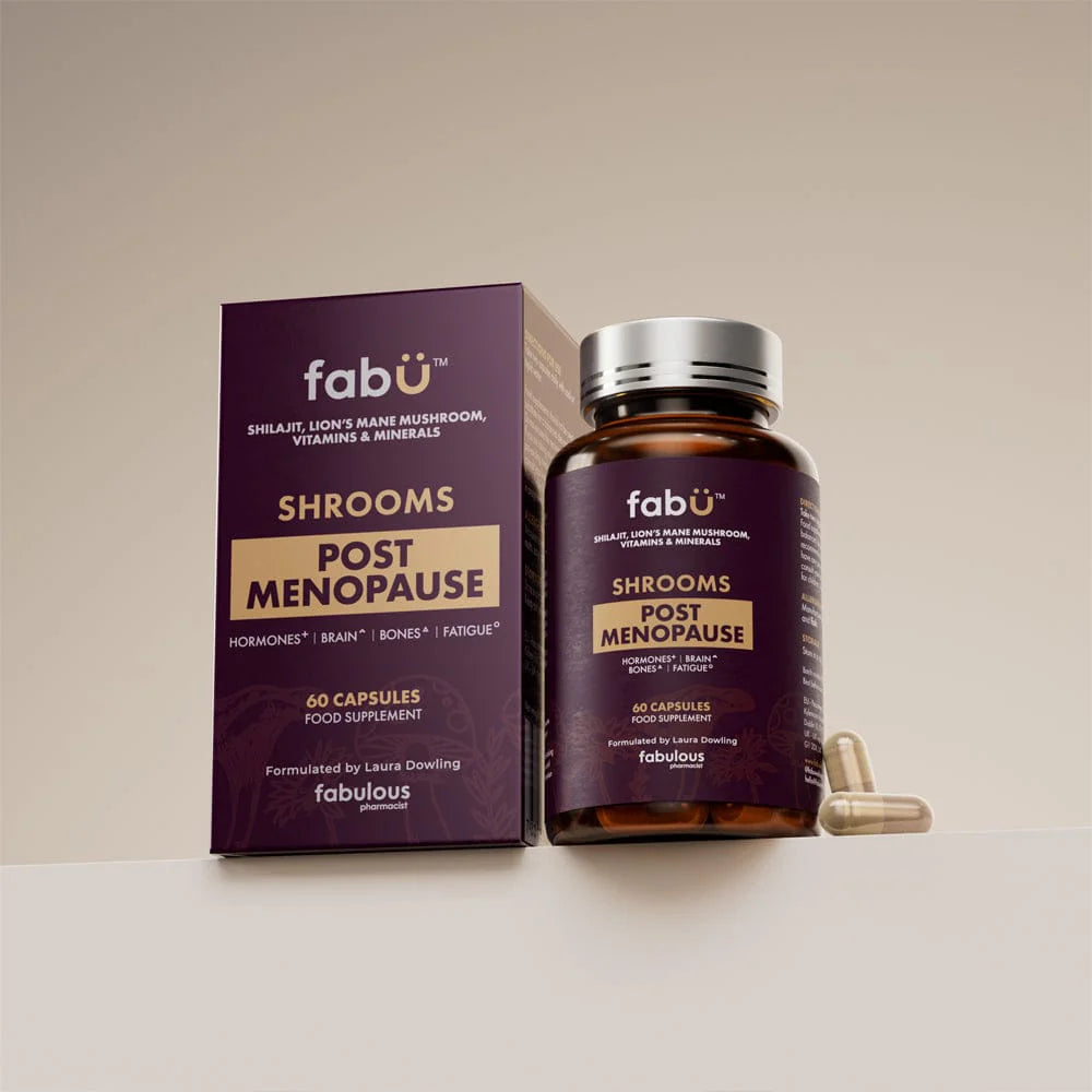 Fabu Shrooms Post Menopause 60 capsules supplement box and bottle