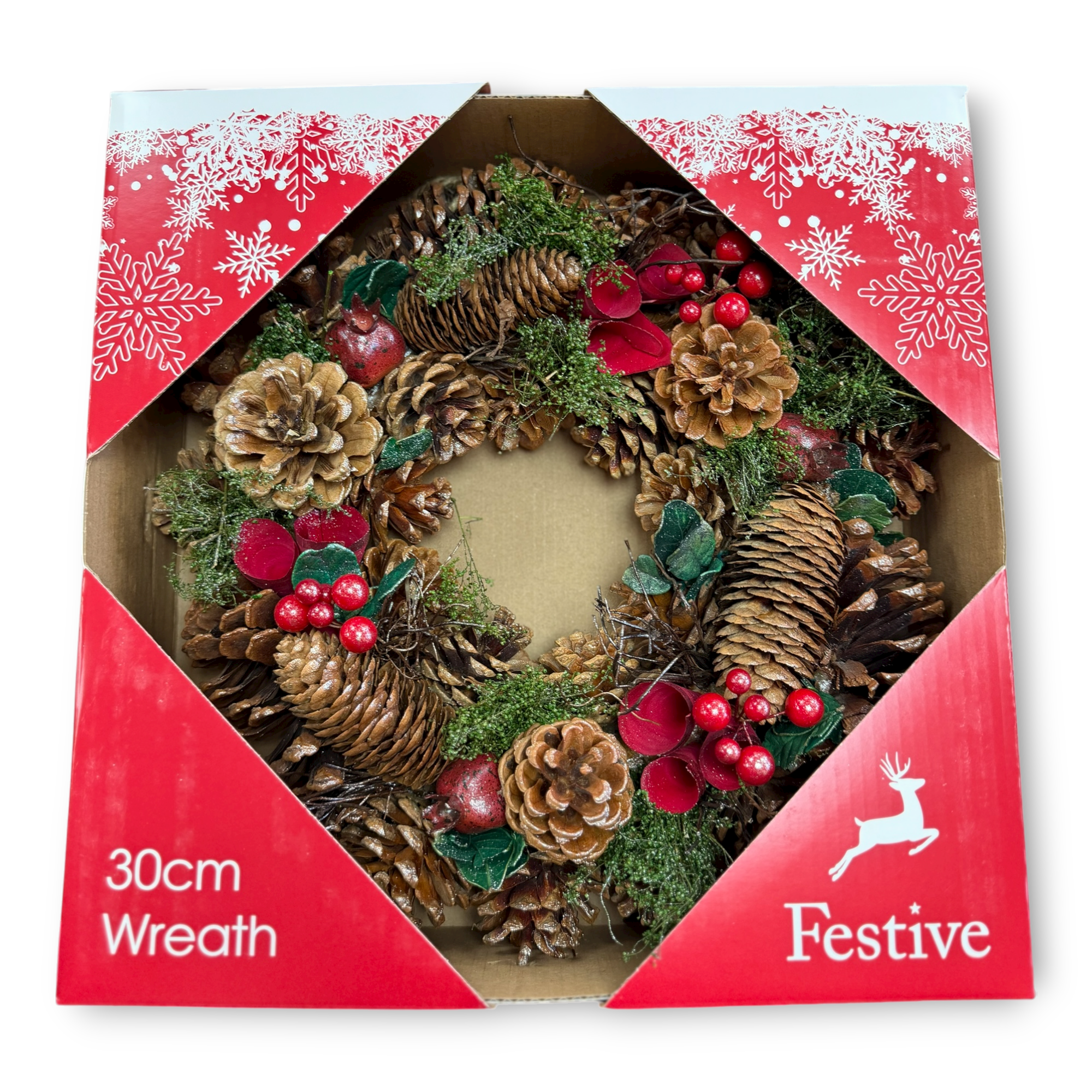 30cm festive Christmas wreath with pinecones and red berries in gift box