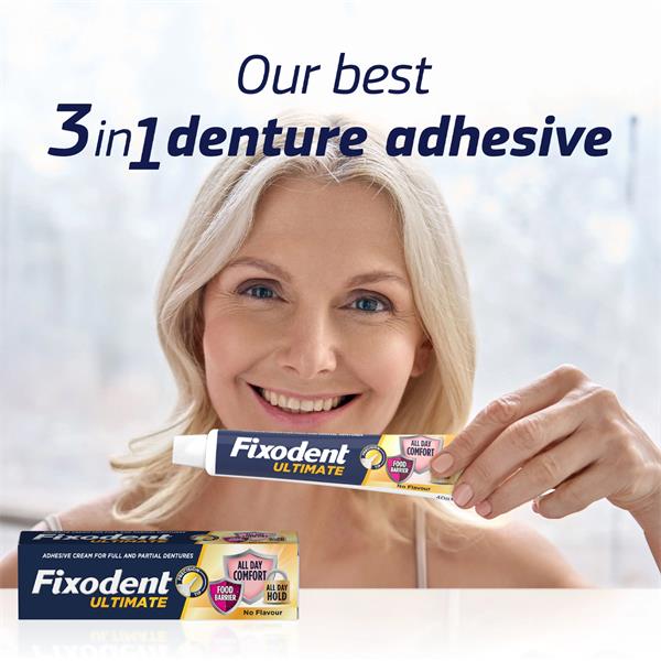 Fixodent Ultimate denture adhesive – 3-in-1 best adhesive claim with model holding product