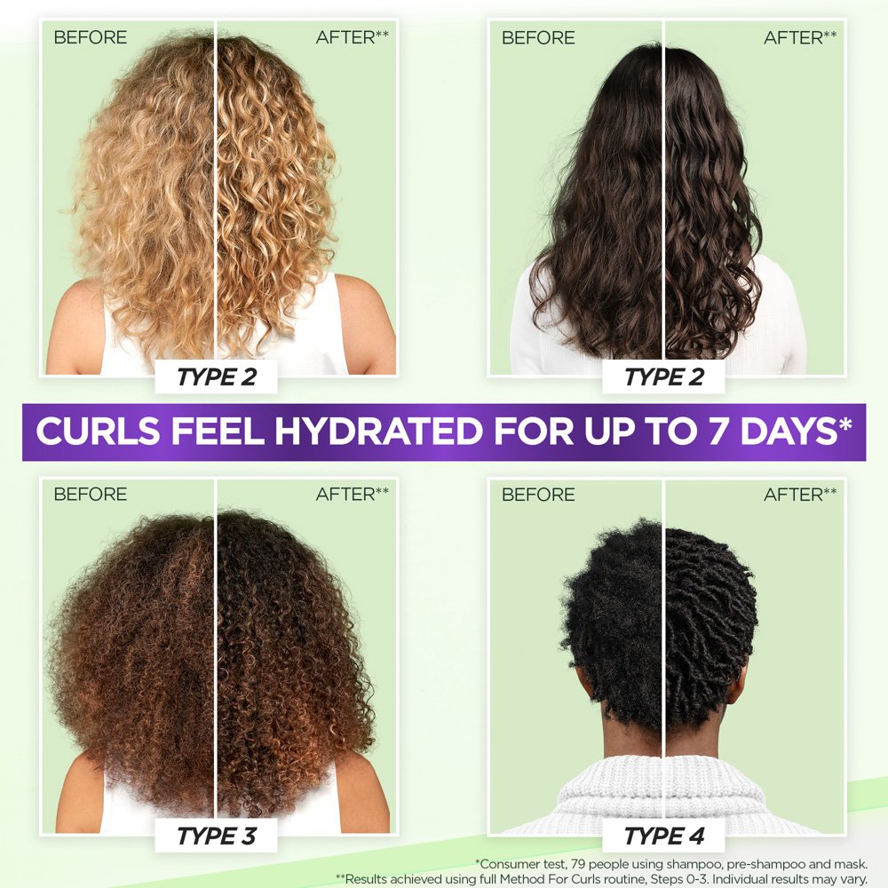 Before and after comparison of different hair types with hydrated curls for up to 7 days.