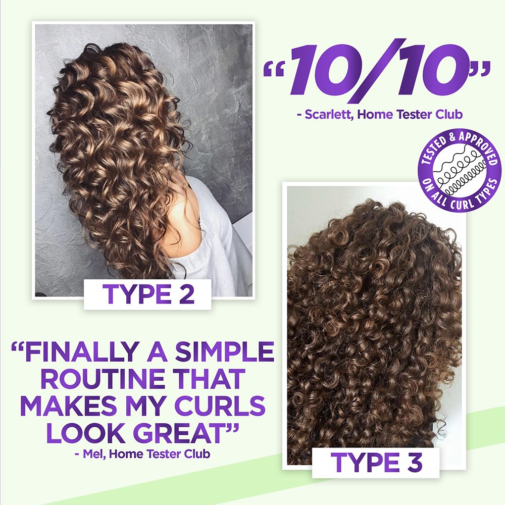 Promotional graphic for hair care product with curly hair images and positive reviews.