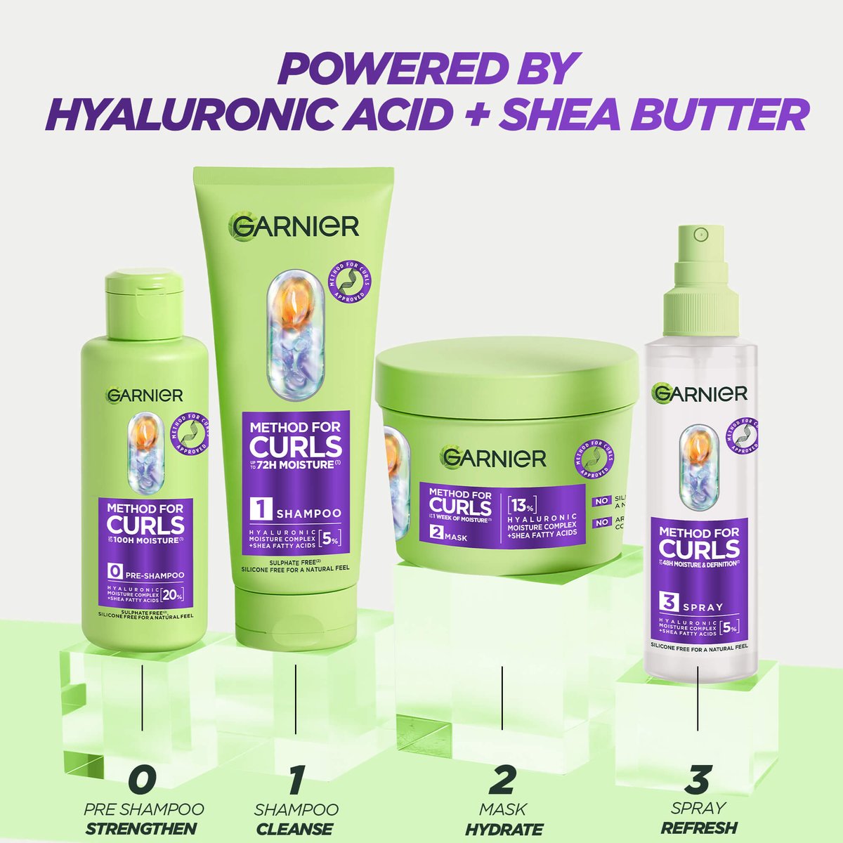 Garnier Method For Curls full 3-step routine including shampoo, pre-shampoo and mask