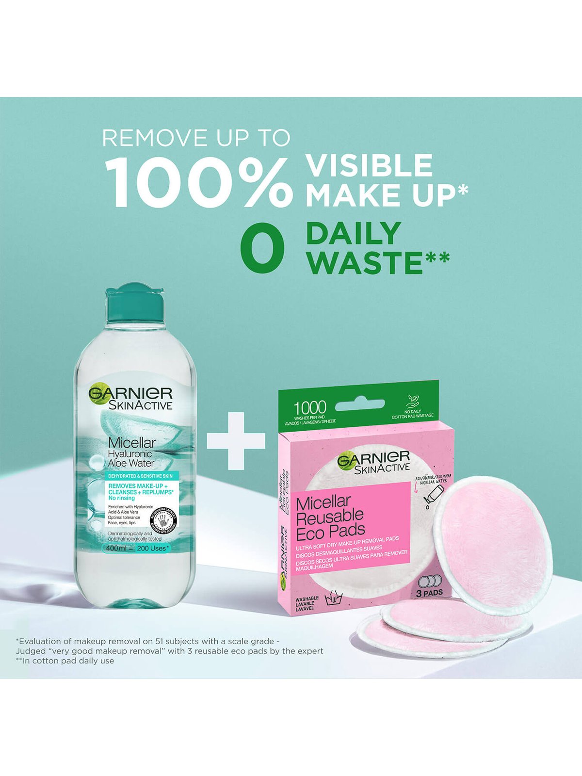 Garnier Micellar Water and reusable eco friendly makeup pads set promoting zero waste skincare