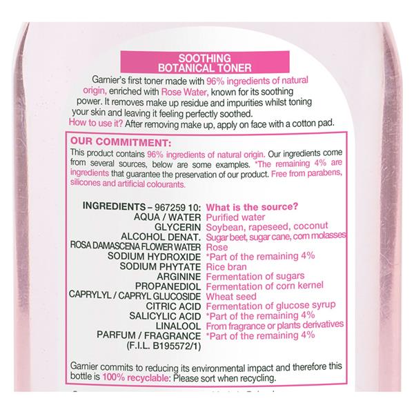 Garnier Rose Soothing Toner Dry And Sensitive Skin - Ingredients