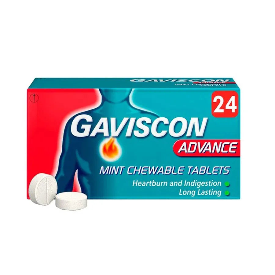 Gaviscon Advance Peppermint Tablets 24 pack front packaging for acid reflux and heartburn relief
