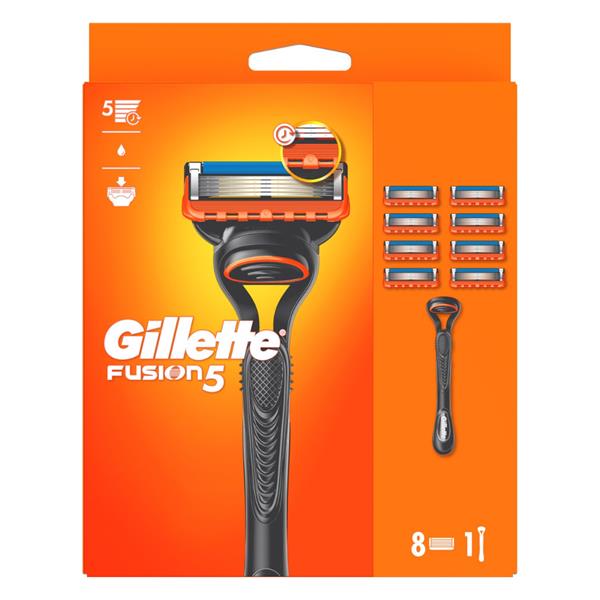 Gillette Fusion5 razor handle with 8 replacement cartridges pack front