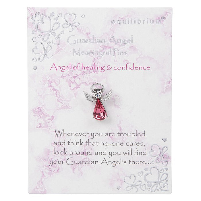 Equilibrium Guardian Angel of Healing & Confidence silver-tone pin brooch with pink teardrop crystal on meaningful message card