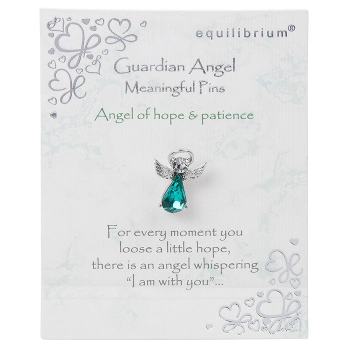 Equilibrium Guardian Angel of Hope & Patience silver-tone pin brooch with turquoise teardrop crystal on meaningful message card