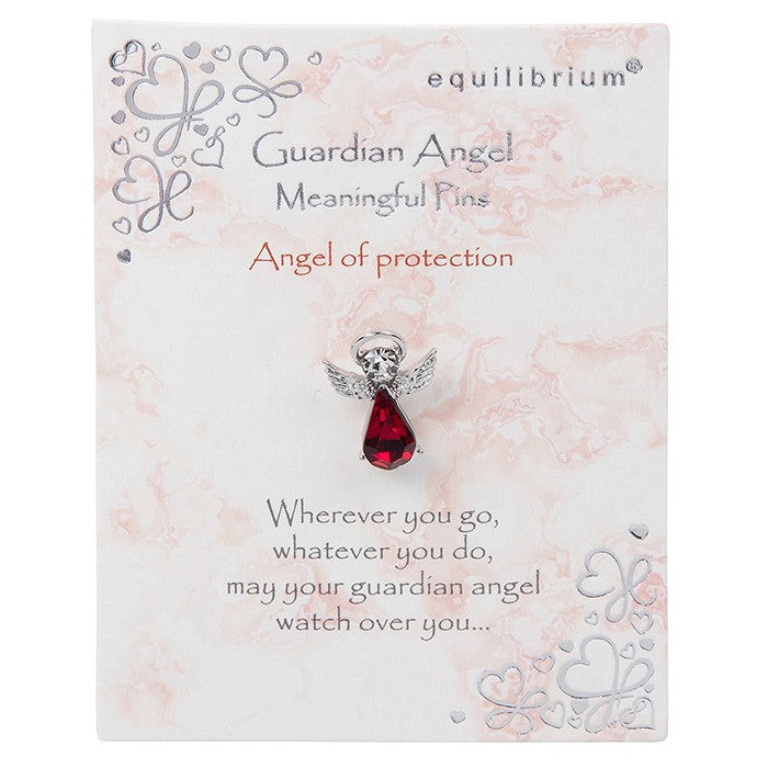Equilibrium Guardian Angel of Protection silver-tone pin brooch with ruby-red teardrop crystal on meaningful message card