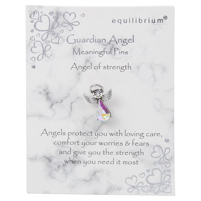 Equilibrium Guardian Angel of Strength silver-tone pin brooch with iridescent stone on meaningful message card