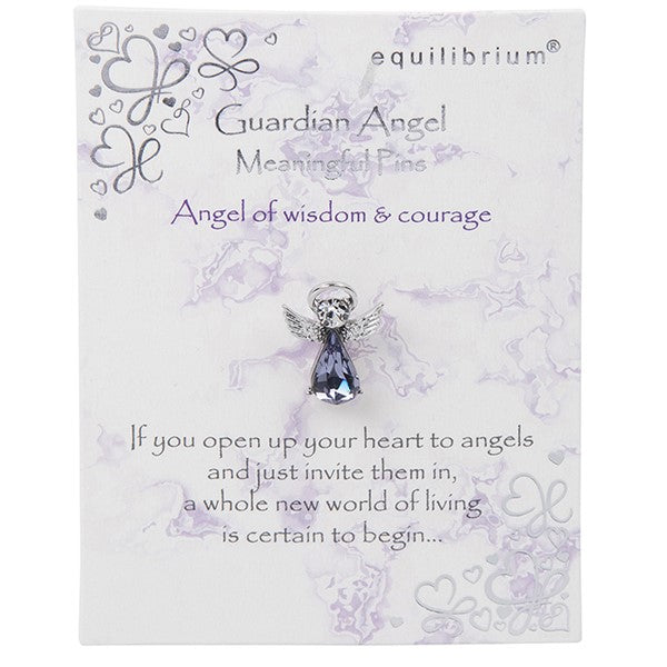 Equilibrium Guardian Angel Wisdom and Courage pin brooch with purple stone on illustrated sentiment gift card