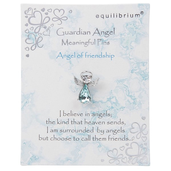 Equilibrium Guardian Angel of Friendship silver-plated pin brooch with aqua stone on illustrated sentiment card