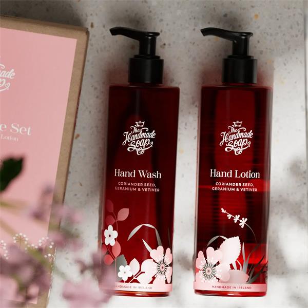 The Handmade Soap Co. Coriander Seed, Geranium & Vetiver 250ml Hand Wash and Hand Lotion bottles with floral designs