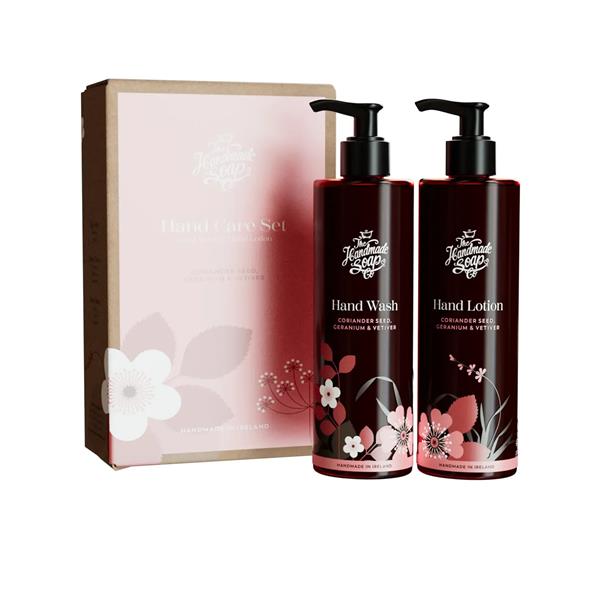 The Handmade Soap Co. Coriander Seed, Geranium & Vetiver Hand Wash and Lotion Gift Set with burgundy pump bottles and pink floral box
