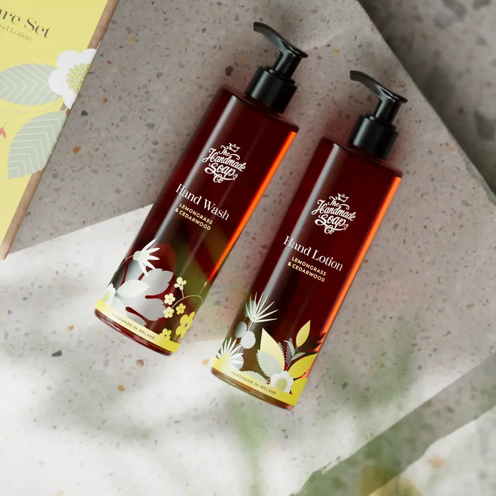 The Handmade Soap Co. Lemongrass & Cedarwood hand wash and hand lotion bottles