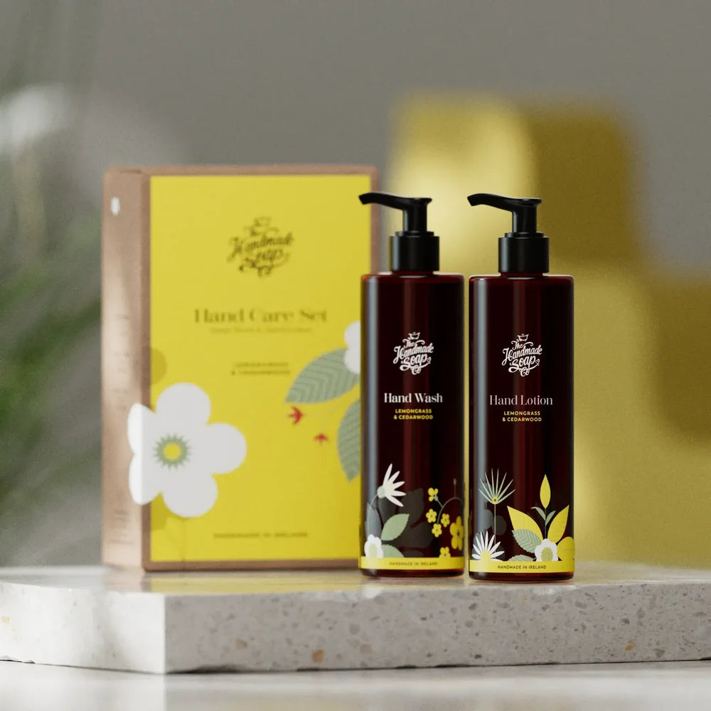 The Handmade Soap Co. Lemongrass & Cedarwood Hand Wash and Lotion Gift Set displayed with gift box