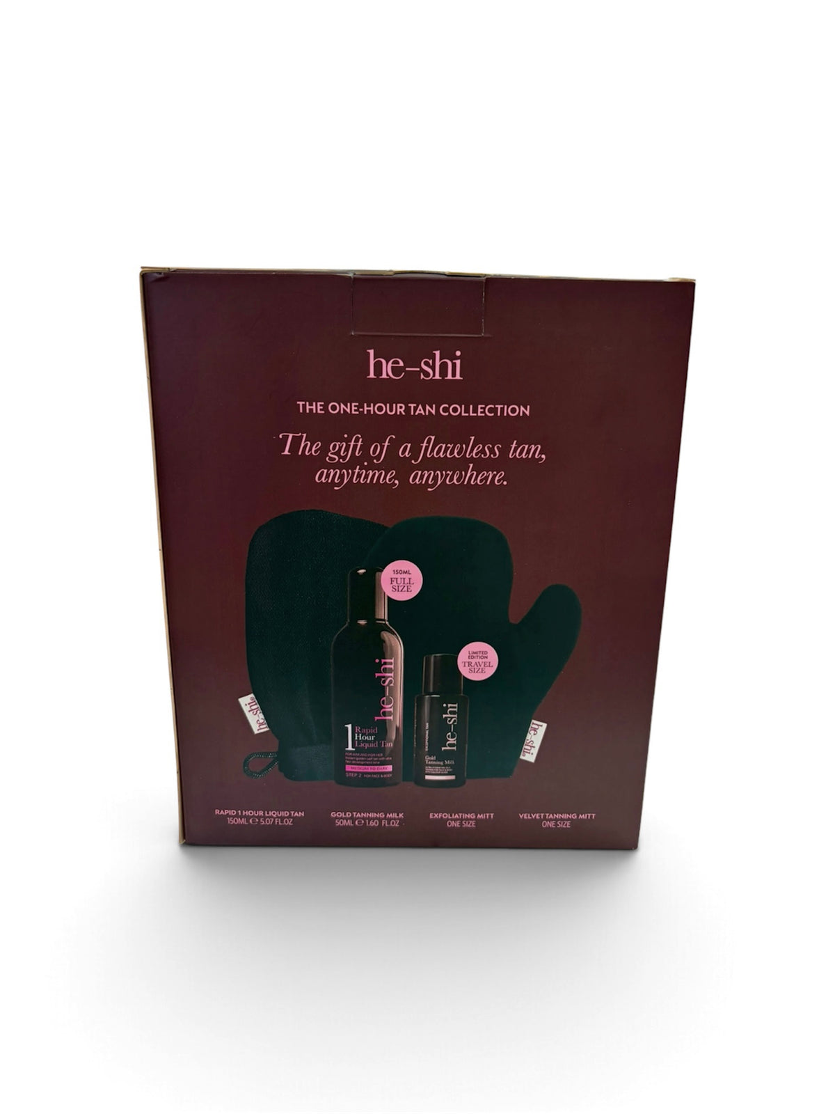 He-Shi One-Hour Tan Collection gift box with Rapid Liquid Tan and Gold Tanning Milk