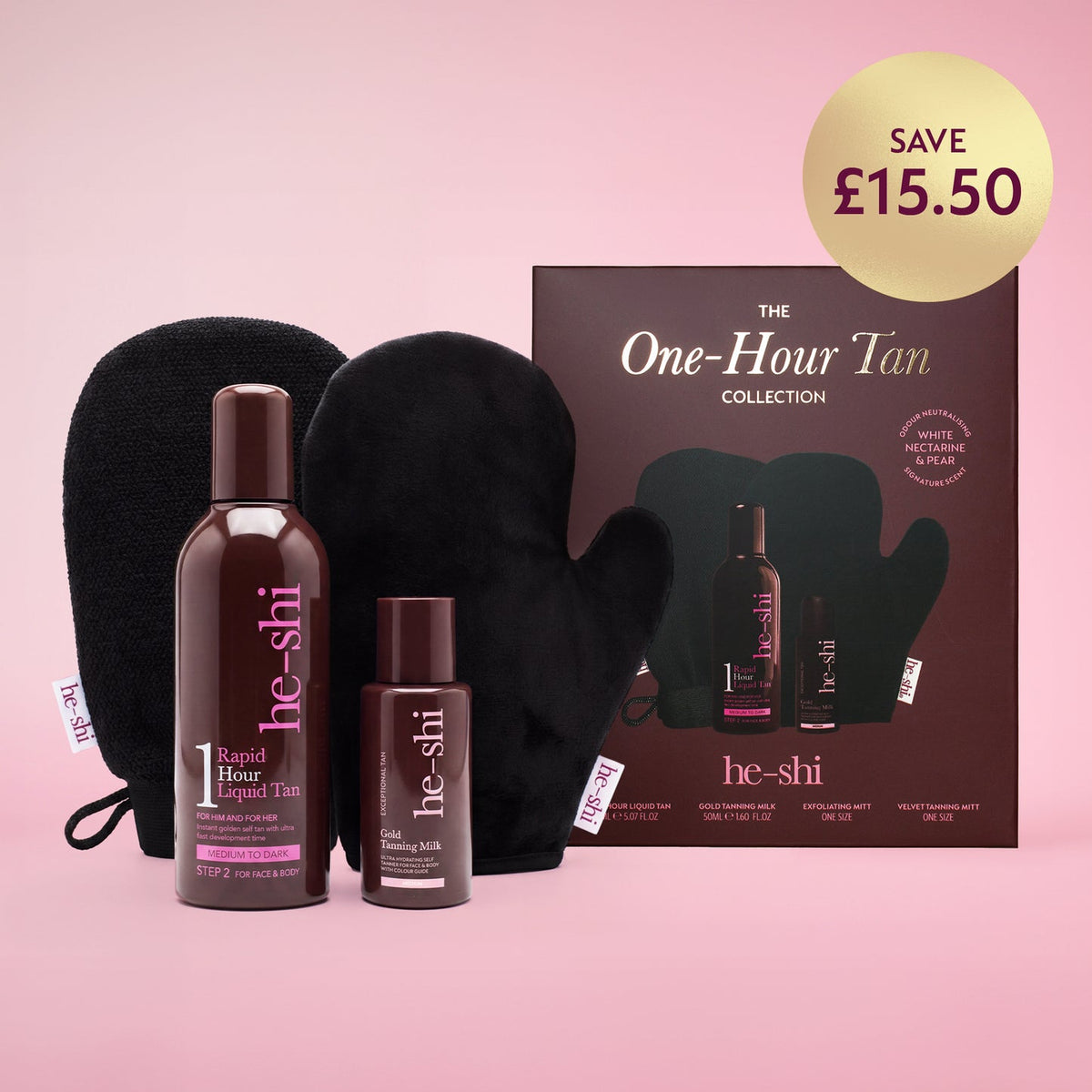 He-Shi One-Hour Tan Collection Gift Set with Rapid Liquid Tan, Gold Tanning Milk and tanning mitts