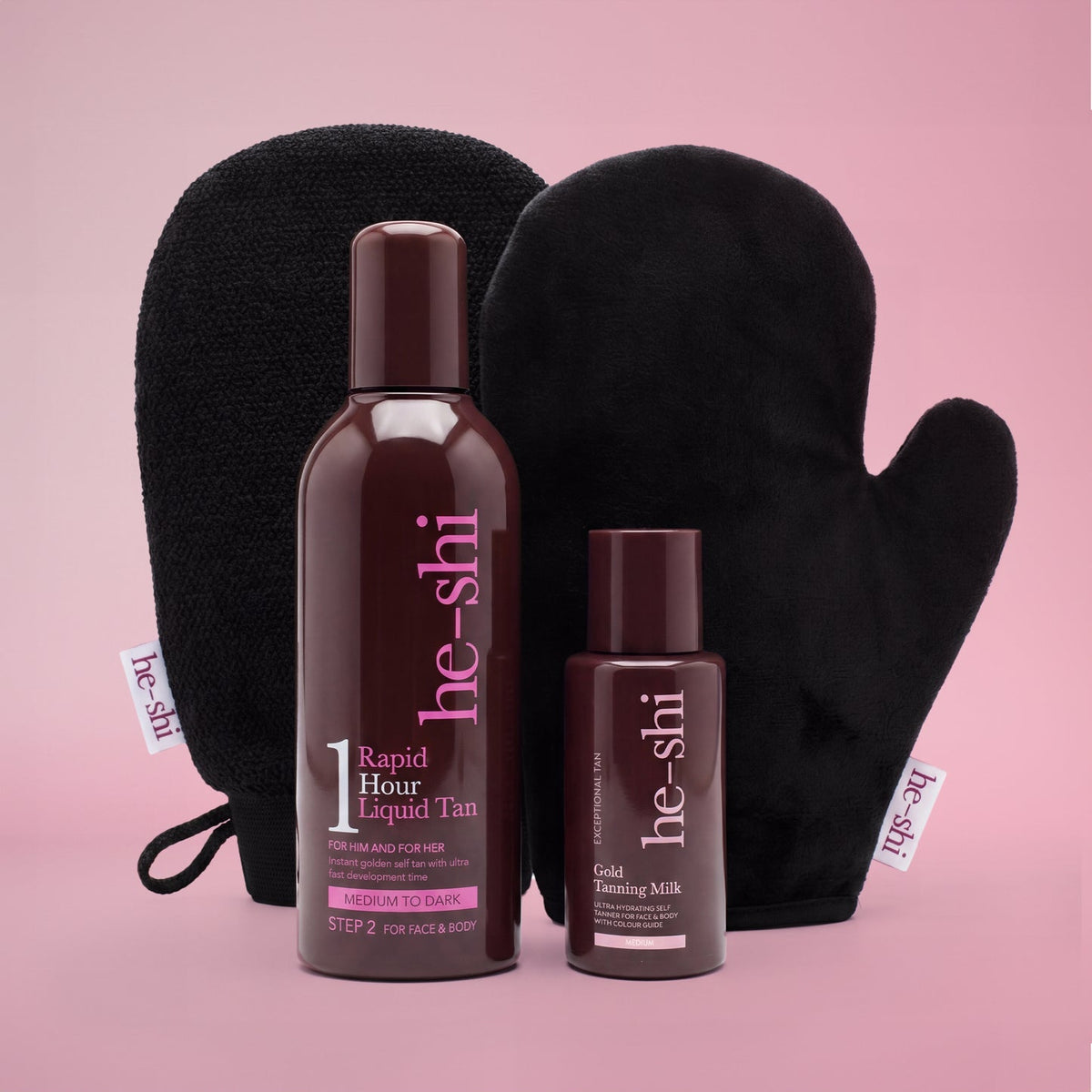 He-Shi One-Hour Tan Collection with four self-tanning and application essentials