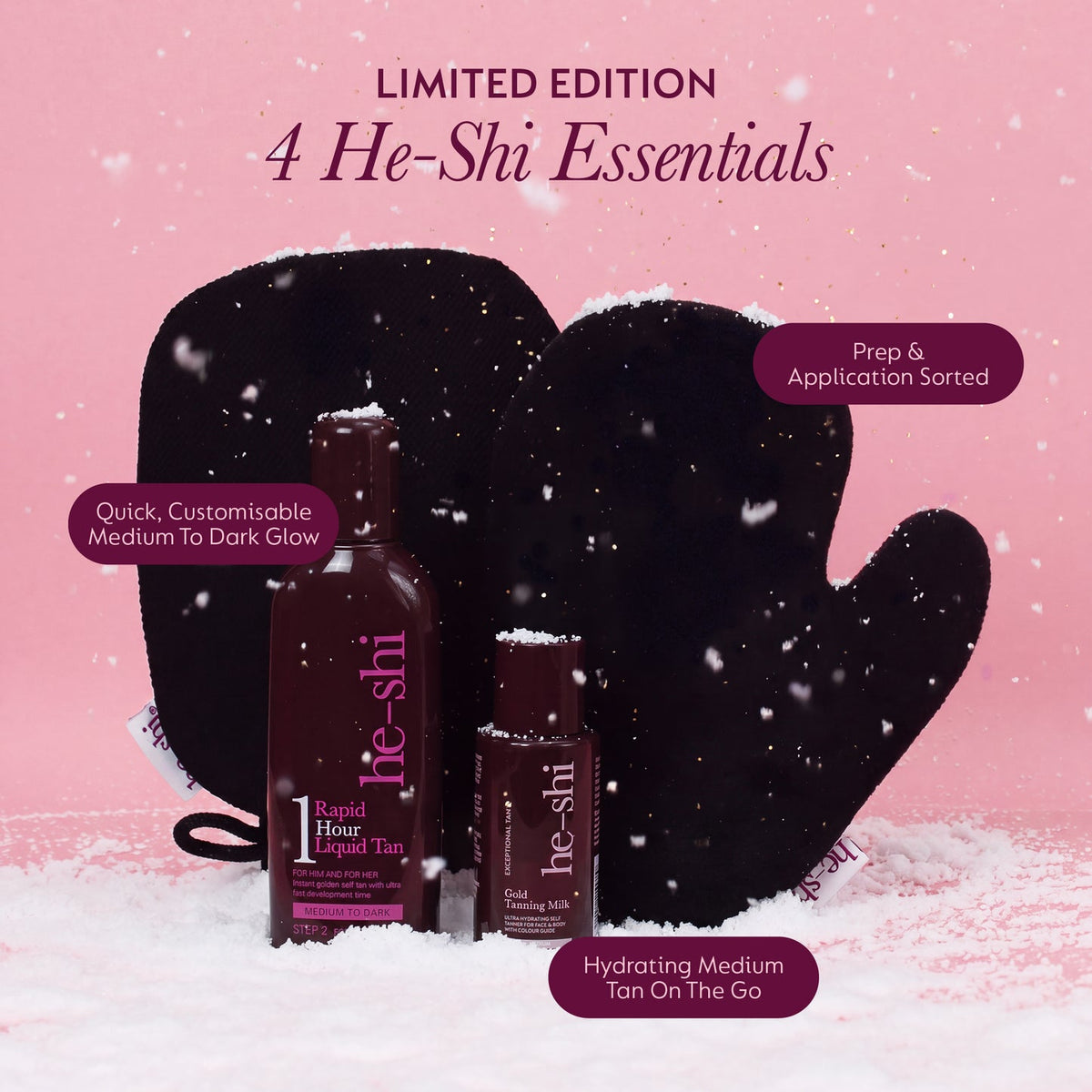 He-Shi One-Hour Tan Collection four tanning essentials and product benefits