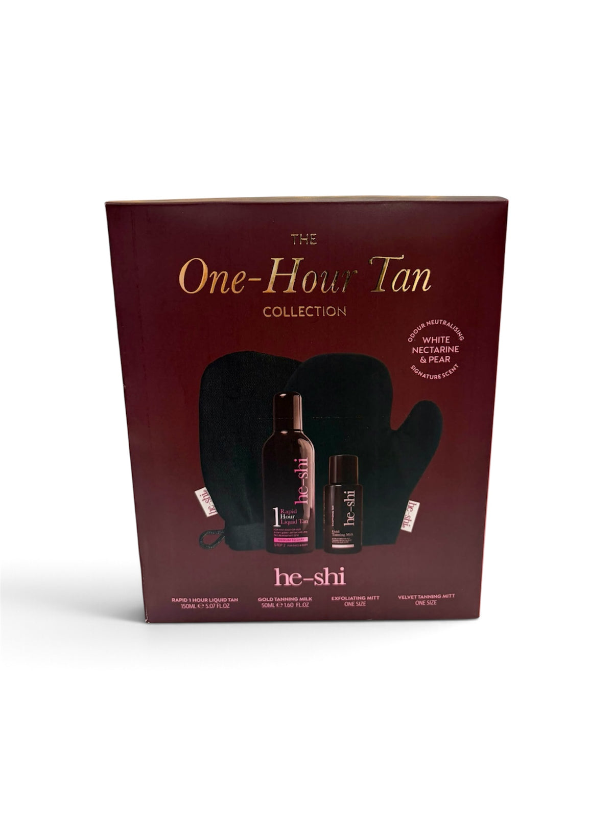 He-Shi One-Hour Tan Collection Gift Set with self tan and tanning mitts