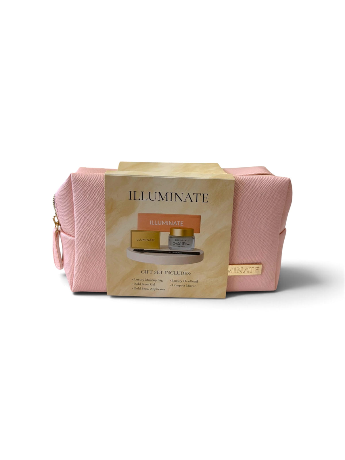 Illuminate by Shauna Brow & Beauty Gift Set in pink makeup bag with gold product sleeve