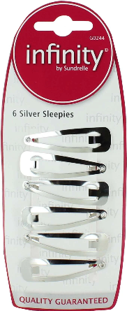 Infinity silver sleepies 6-pack  — snap-on hair clips for styling and securing hair.
