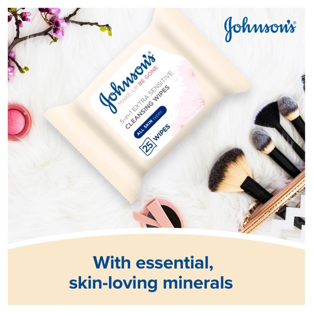 Johnson's Extra-Sensitive Makeup Remover Wipes displayed with makeup brushes and skin-loving minerals message