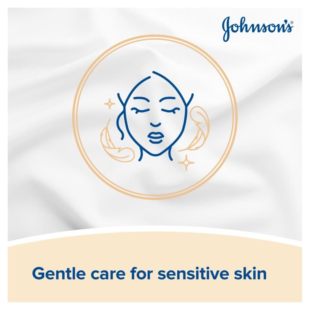 Johnson's Make-Up Be Gone cleansing wipes graphic highlighting gentle care for sensitive skin