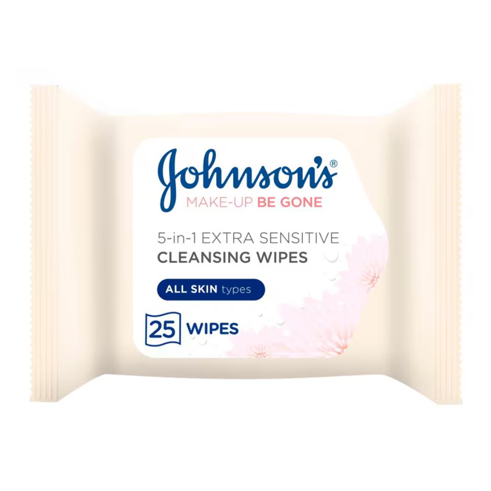 Johnson's Make-Up Be Gone 5-in-1 Extra-Sensitive Cleansing Wipes 25 pack in cream and pink packaging