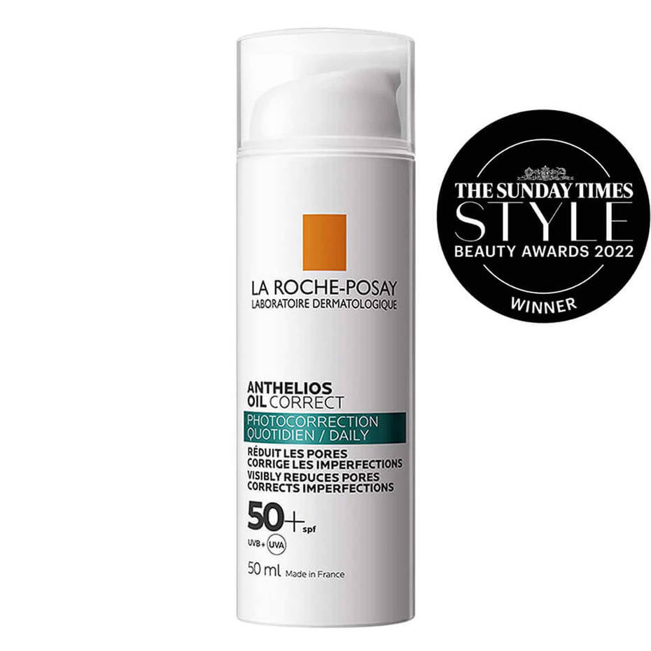 La Roche-Posay Anthelios Oil Correct SPF50+ oil control sunscreen bottle with award badge