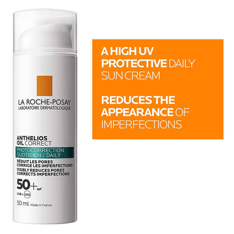 La Roche-Posay Anthelios Oil Correct SPF50+ gel cream showing imperfection-reducing benefits
