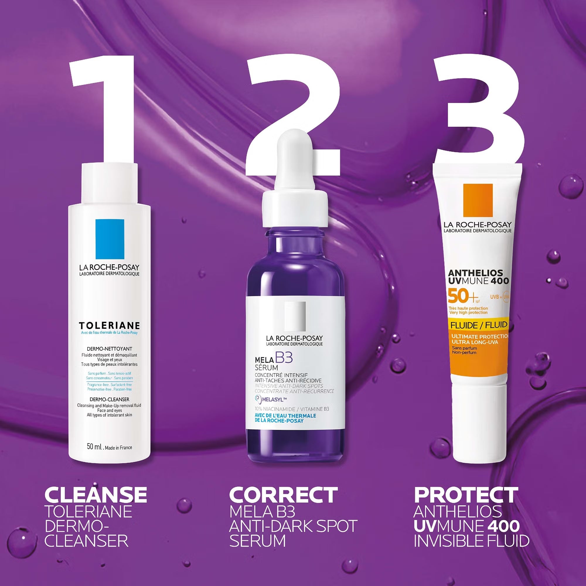 Correct & Protect trio lifestyle shot — daily routine set for dark spots, cleansing and SPF protection; gift idea for mum, wife.