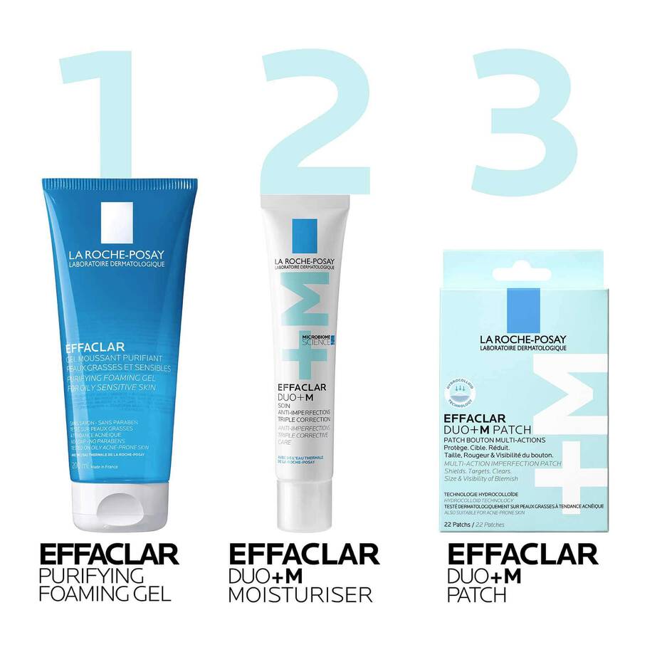 Effaclar 3-step skincare with cleanser, moisturiser, and spot patch