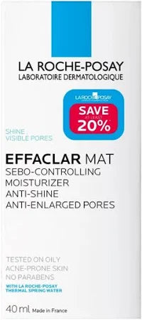Roche-Posay Effaclar Mat Sebo-Control Moisturiser 40ml tube on white marble — mattifying moisturiser for oily skin.