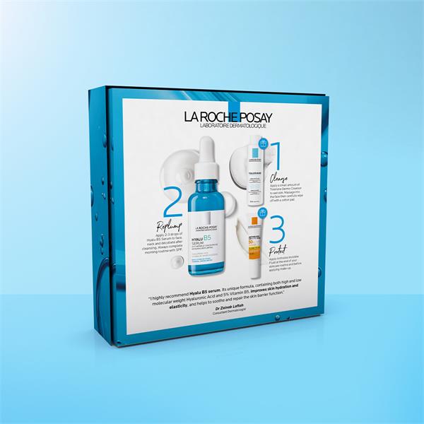 Hyalu B5 serum 30ml close-up — La Roche-Posay anti-ageing hydrating serum in gift set view from back.