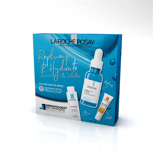 La Roche-Posay Replump & Hydrate gift set — Hyalu B5 30ml, Toleriane Dermo-Cleanser 50ml and Anthelios UVMUNE 400 SPF50+ 15ml.