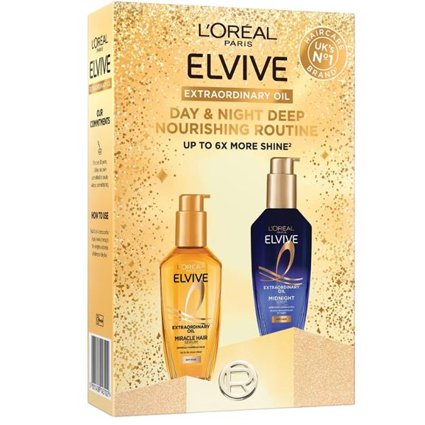 L'Oréal Paris Elvive Extraordinary Oil Day & Night Deep Nourishing Routine gift box for dry hair
