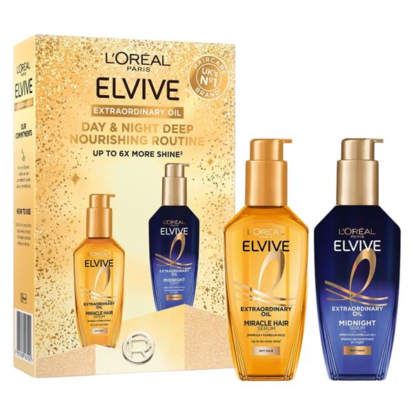 L'Oréal Paris Elvive Extraordinary Oil Day & Night Gift Set with 100ml hair oil, Midnight Serum and gold gift box