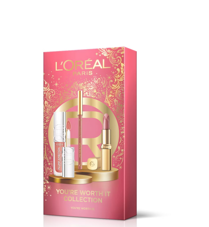 L'Oréal Paris You're Worth It Lip Gift Set with 601 Worth It lipstick, lip liner and Plump Ambition Hyaluron Lip Oil in pink gift box